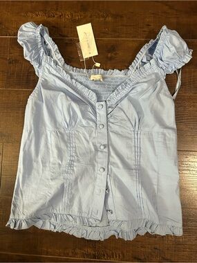 Smocked Ruffle Button-Front Women’s Top — Light Blue